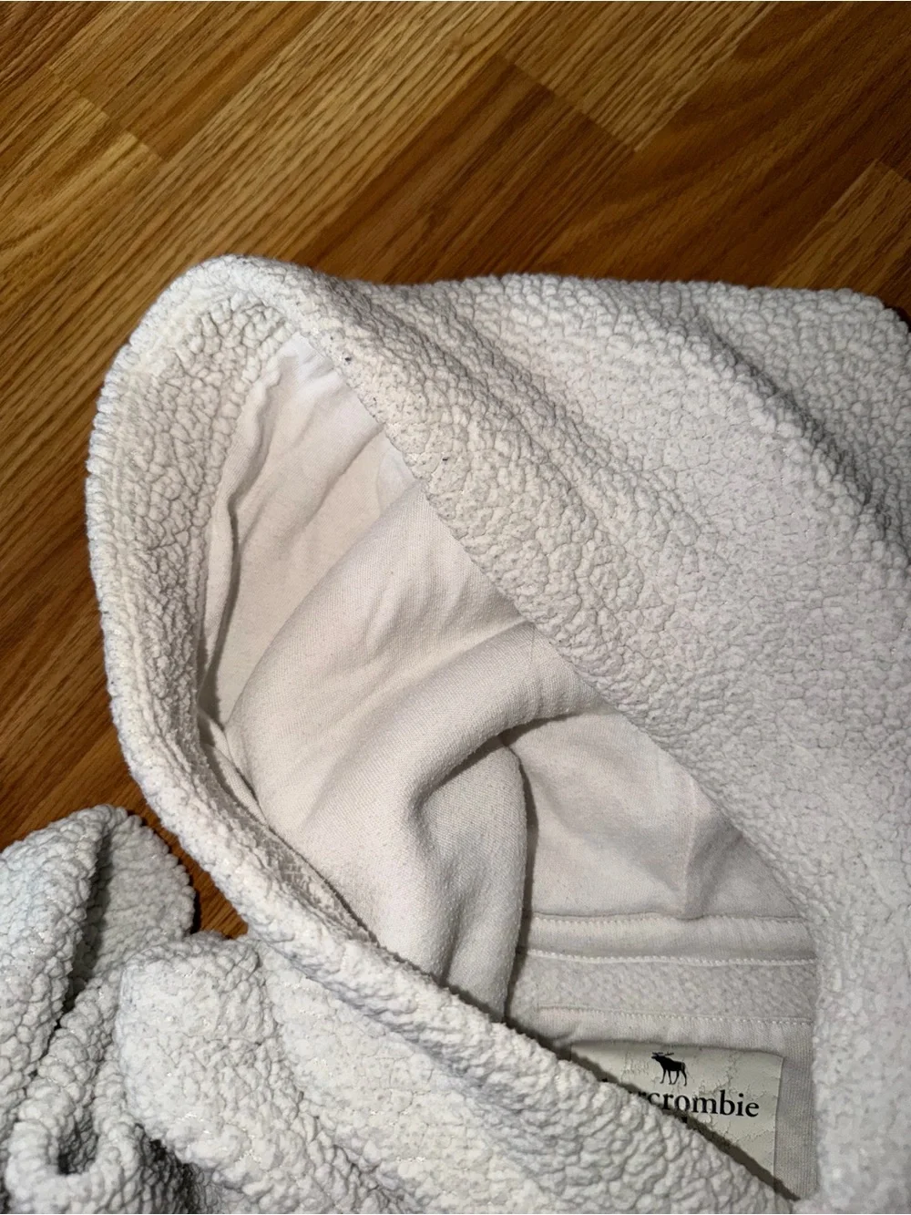 abercrombie kids Cream Sherpa Hoodie with Red Moose Outline